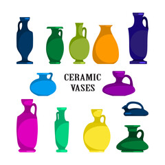 Colorful ceramic vases set. Ancient Greek, Roman jar with two handles and a narrow neck. Vintage amphora, trophy, pots, bottles, cups isolated on white background. Vector illustration graphic design