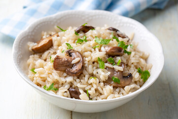 Mushroom rice pilaf, Turkish name; Mantarli pirinc pilavi.