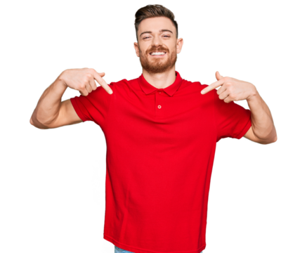 Young redhead man wearing casual clothes looking confident with smile on face, pointing oneself with fingers proud and happy.