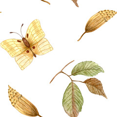 Yellow autumn butterfly and leafs. Seamless watercolor pattern with butterfly and leaves.