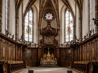 Fototapeta na wymiar Marmoutier Abbey, Alsace. Details of medieval interior. Exterior view.