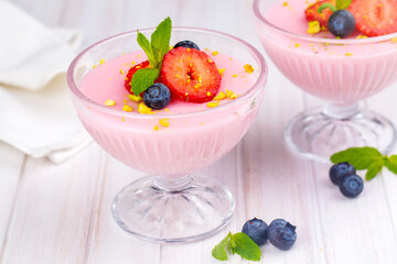 Strawberry Cream Dessert with some blueberries, strawberry pudding