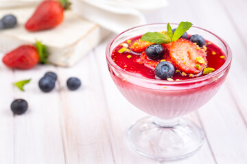 Strawberry Cream Dessert with some blueberries, strawberry pudding