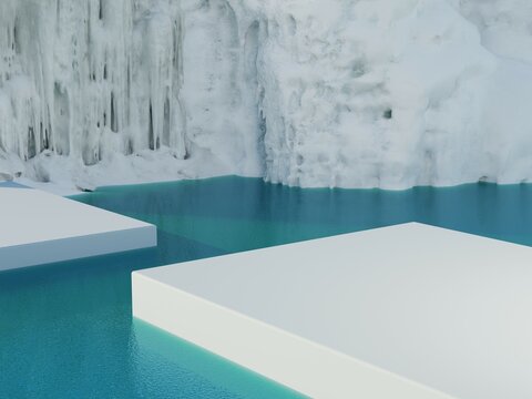 Product display platform floating on water surface 3D render illustration
