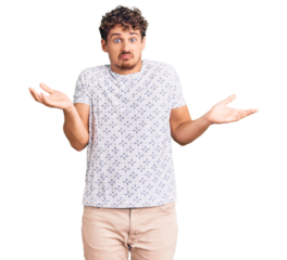Young handsome man with curly hair wearing casual clothes clueless and confused expression with arms and hands raised. doubt concept.