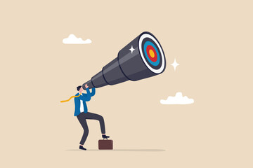 Search for business target or goal, mission or objective to achieve, discover purpose or find strategy to reach goal or destination concept, businessman look through telescope to find target or goal. - obrazy, fototapety, plakaty