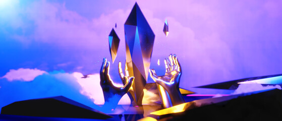 abstract backgound video game of esports scifi gaming cyberpunk, vr virtual reality simulation and metaverse, scene stand pedestal stage, 3d illustration rendering, futuristic neon glow room © issaronow