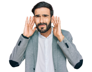 Young hispanic man wearing business clothes trying to hear both hands on ear gesture, curious for gossip. hearing problem, deaf