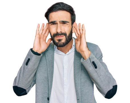 Young hispanic man wearing business clothes trying to hear both hands on ear gesture, curious for gossip. hearing problem, deaf