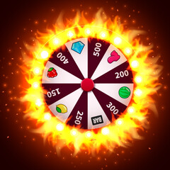 Burning wheel of luck or fortune. Gamble chance leisure. Colorful gambling wheel. Online casino. Web landing page template or banner for internet casino. Big win concept.