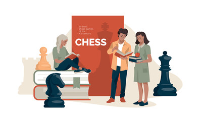 Chess. Learning to play chess. Books and chess pieces. Girl and guy with a book. Concept. Vector image.