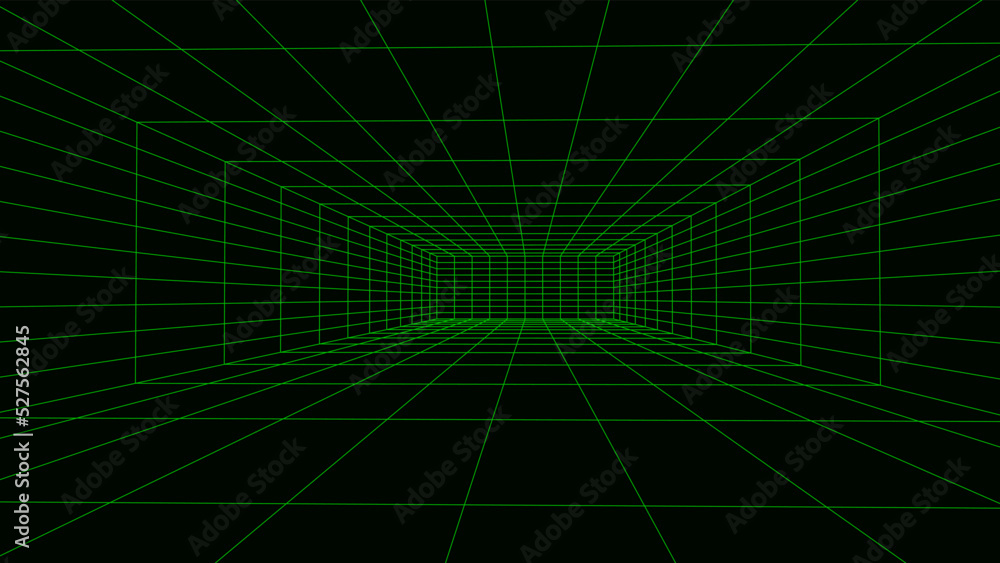 Poster empty futuristic 3d wireframe room. vector perspective grid. cyberspace background. box with digital