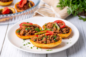Traditional Turkish food; baked potato dish with minced meat, Turkish name; Patates karniyarik