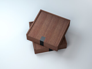 Two Wooden boxes with black sticker on gray background. 3d rendering