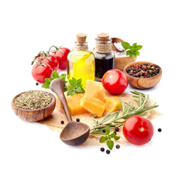 Fresh tomatoes with basil leaves, rosemary,  pepper, olive oil and cheese  isolated on white background. Ripe tomatoes with spices.