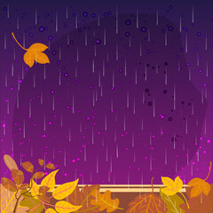 Autumn leaves and rain. Blank rainy window frame template. Ready template for posters, banners, advertisements. Window vector illustration on the theme of autumn.