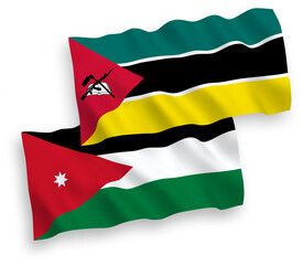 National vector fabric wave flags of Republic of Mozambique and Hashemite Kingdom of Jordan isolated on white background. 1 to 2 proportion.