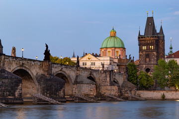 Fototapeta na wymiar Charles Bridge and Vltava river (Karluv Most - in czech) in Prague, Czechia..