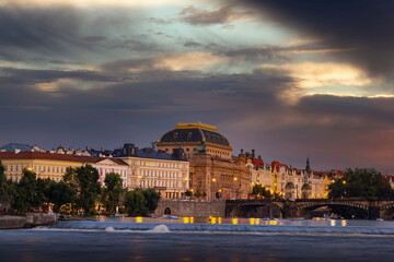 Prague National Theatre on a cost of the Vltava river. Czech Republic.