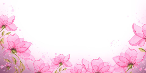 Horizontal frame with pink abstract flowers, splashes of paint. Watercolor illustration. For registration and design of invitations, certificates, weddings, birthdays, parties, bachelorette parties.