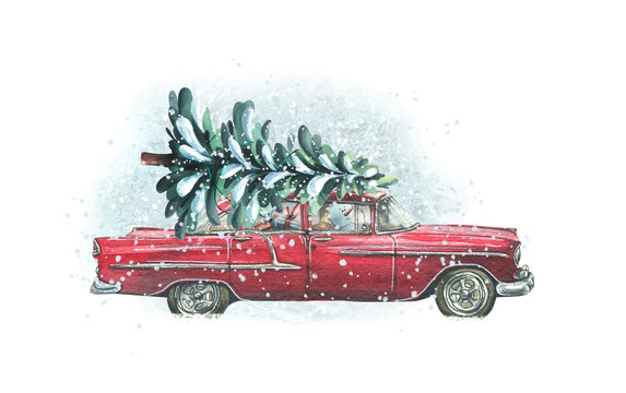 A red retro car with a Christmas tree on the roof with a snowman, gifts, snow. Watercolor illustration. The composition of a large set of COZY WINTER. For the decoration and design of the New Year.