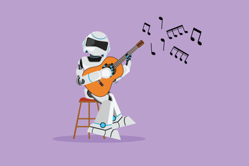 Character flat drawing active robot musician playing acoustic guitar at musical performance. Modern robotic artificial intelligence. Electronic technology industry. Cartoon design vector illustration