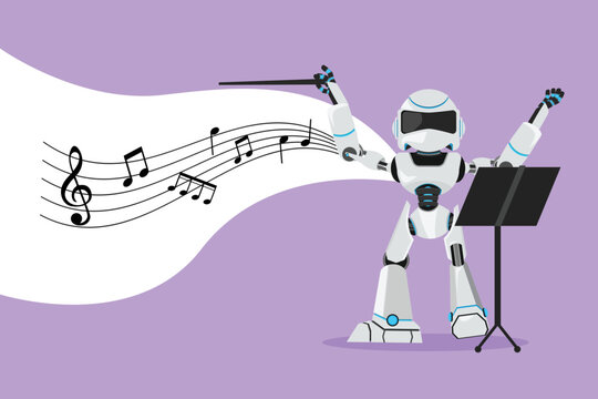 Character flat drawing expressive robot conductor directing music orchestra. Classical music. Modern robotic artificial intelligence. Electronic technology industry. Cartoon design vector illustration