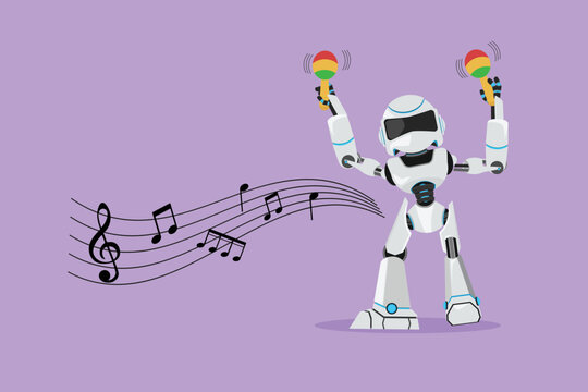 Flat cartoon style drawing robot performer with maracas musical instrument at music festival. Modern robotic artificial intelligence. Electronic technology industry. Graphic design vector illustration