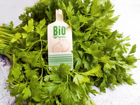Fresh green parsley with bio label  - Powered by Adobe