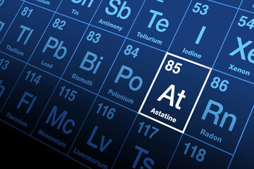 Astatine on periodic table. Extremely radioactive chemical element with symbol At, named after Greek astatos, meaning unstable, and with atomic number 85. Rarest naturally occurring element on Earth.