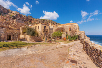 Monemvasia houses and sea in Peloponnese, Greece