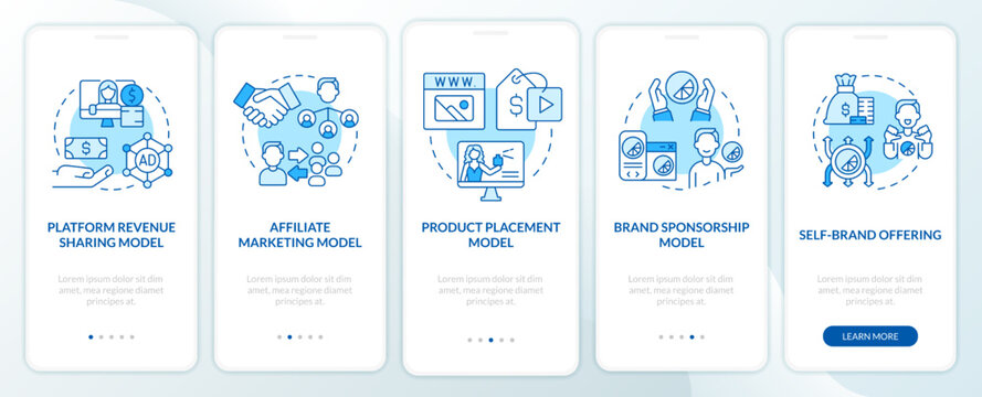Creator business models blue onboarding mobile app screen. Marketing walkthrough 5 steps editable graphic instructions with linear concepts. UI, UX, GUI template. Myriad Pro-Bold, Regular fonts used