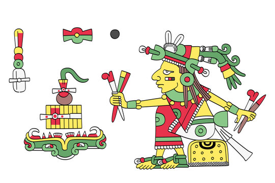 Cinteotl, Aztec god of maize, in front of the realm of the dead. Maize deity in Aztec mythology, also known as Centeotl and Centeocihuatl, usually portrayed as young man with yellow body coloration.