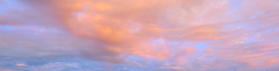 Obraz premium Clear blue sky. glowing pink and golden cirrus and cumulus clouds after storm, soft sunlight. Midnight sun. Dramatic sunset cloudscape. Meteorology, weather themes. Picturesque panoramic scenery