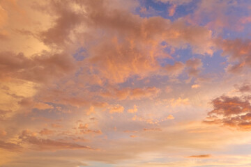 Clear blue sky. glowing pink and golden cirrus and cumulus clouds after storm, soft sunlight. Midnight sun. Dramatic sunset cloudscape. Meteorology, weather themes. Picturesque panoramic scenery