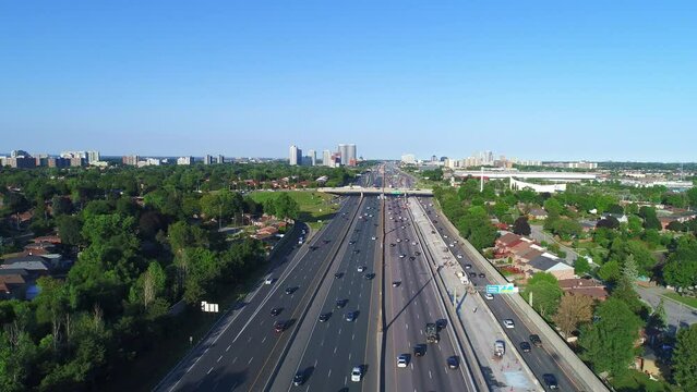 Drone view of highway 401 or King's Highway in Toronto, Canada