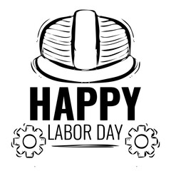 Vector illustration of happy labor day with gears icon and protection helmet 