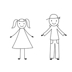 Cute stick smiling girl and boy. Vector illustration in doodle style isolated on white