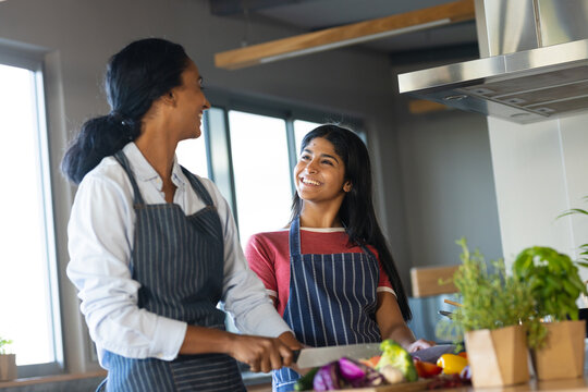 Smiling biracial mother and daughter looking at each other while chopping vegetables in kitchen