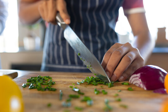 Midsection of biracial teenage girl wearing apron chopping vegetables on cutting board in kitchen