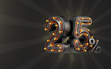 big offer 25 percent discount with lightbulb 3d render concept for black Friday shopping event