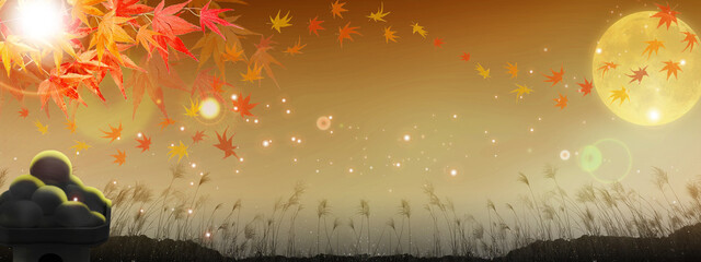 秋の十五夜の満月とお月見団子　風に舞う紅葉の背景素材