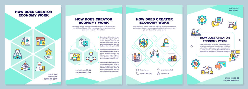 How does creator economy work brochure template. Leaflet design with linear icons. Editable 4 vector layouts for presentation, annual reports. Arial-Black, Myriad Pro-Regular fonts used