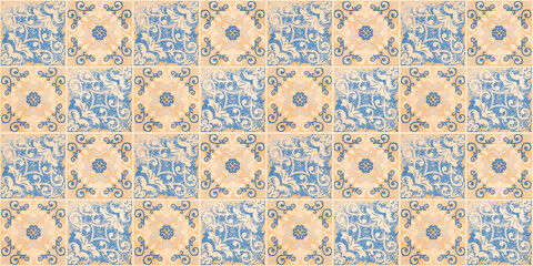 Fototapeta na wymiar Old blue orange vintage worn geometric shabby mosaic ornate patchwork motif porcelain stoneware tiles, square stone concrete cement tile mirror wall texture background