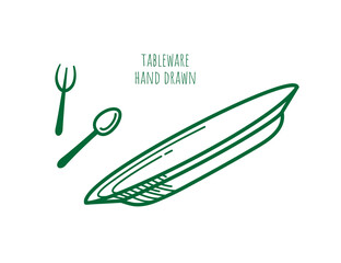 Vector set of kitchenware icons on white background. Children's drawing. Flat dinner plate, fork and spoon. Decorative elements for cafe menu layout design. Contour sketch. Simple linear illustration.