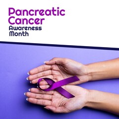 Composition of pancreatic cancer awareness month text over hands with cancer ribbon