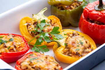 Traditional Turkish foods; Stuffed pepper (Turkish name; biber dolmasi)