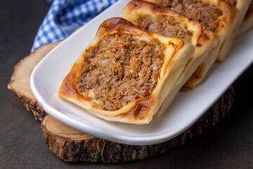 Traditional delicious Turkish foods; Kaytaz pastry with minced meat of Turkey Hatay - Antakya region (Turkish name; Kaytaz boregi)