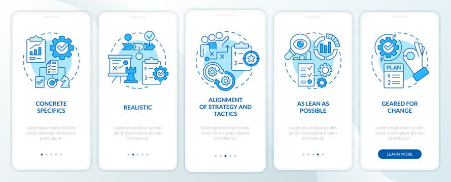 Key elements of business plan blue onboarding mobile app screen. Walkthrough 5 steps editable graphic instructions with linear concepts. UI, UX, GUI template. Myriad Pro-Bold, Regular fonts used