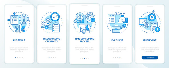Disadvantages of planning blue onboarding mobile app screen. Walkthrough 5 steps editable graphic instructions with linear concepts. UI, UX, GUI template. Myriad Pro-Bold, Regular fonts used